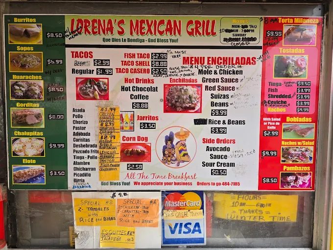 Lorena's Mexican Grill menu board with tacos, burritos and enchiladas