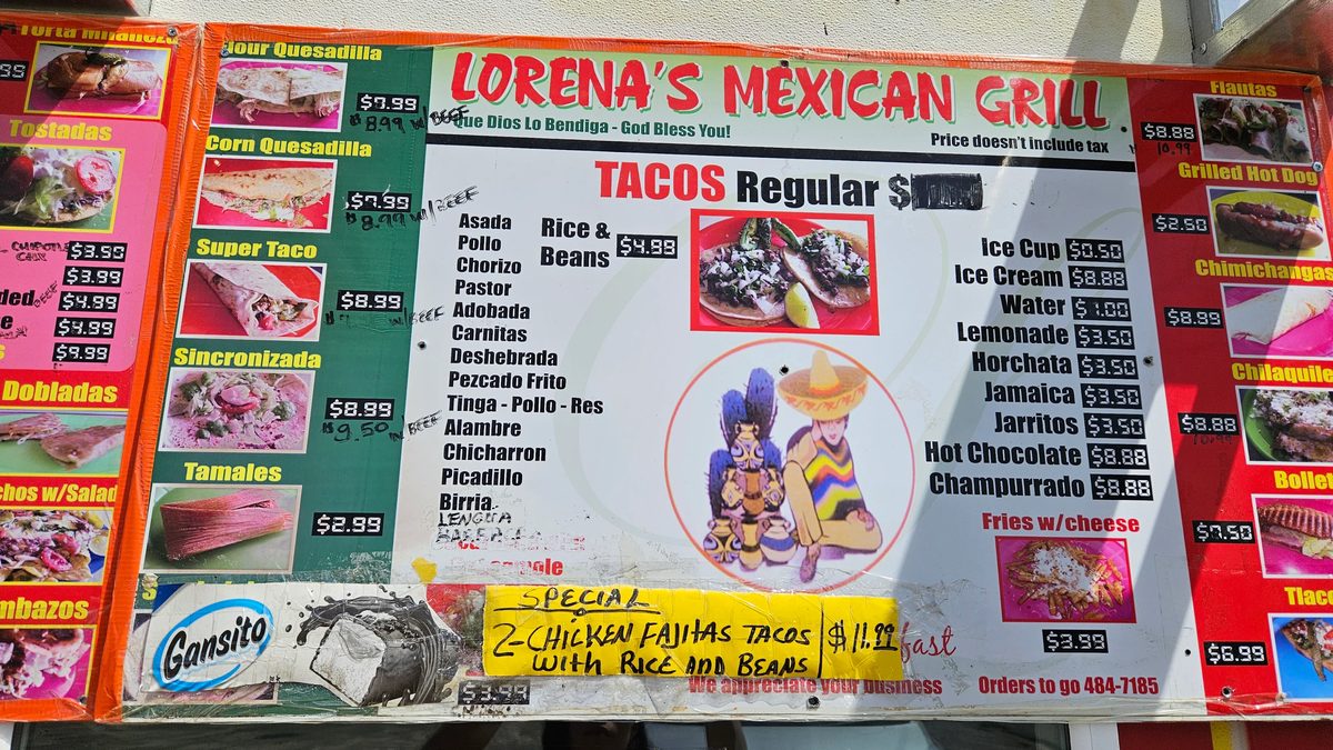 Lorena's Mexican Grill second menu board with quesadillas, drinks and specials
